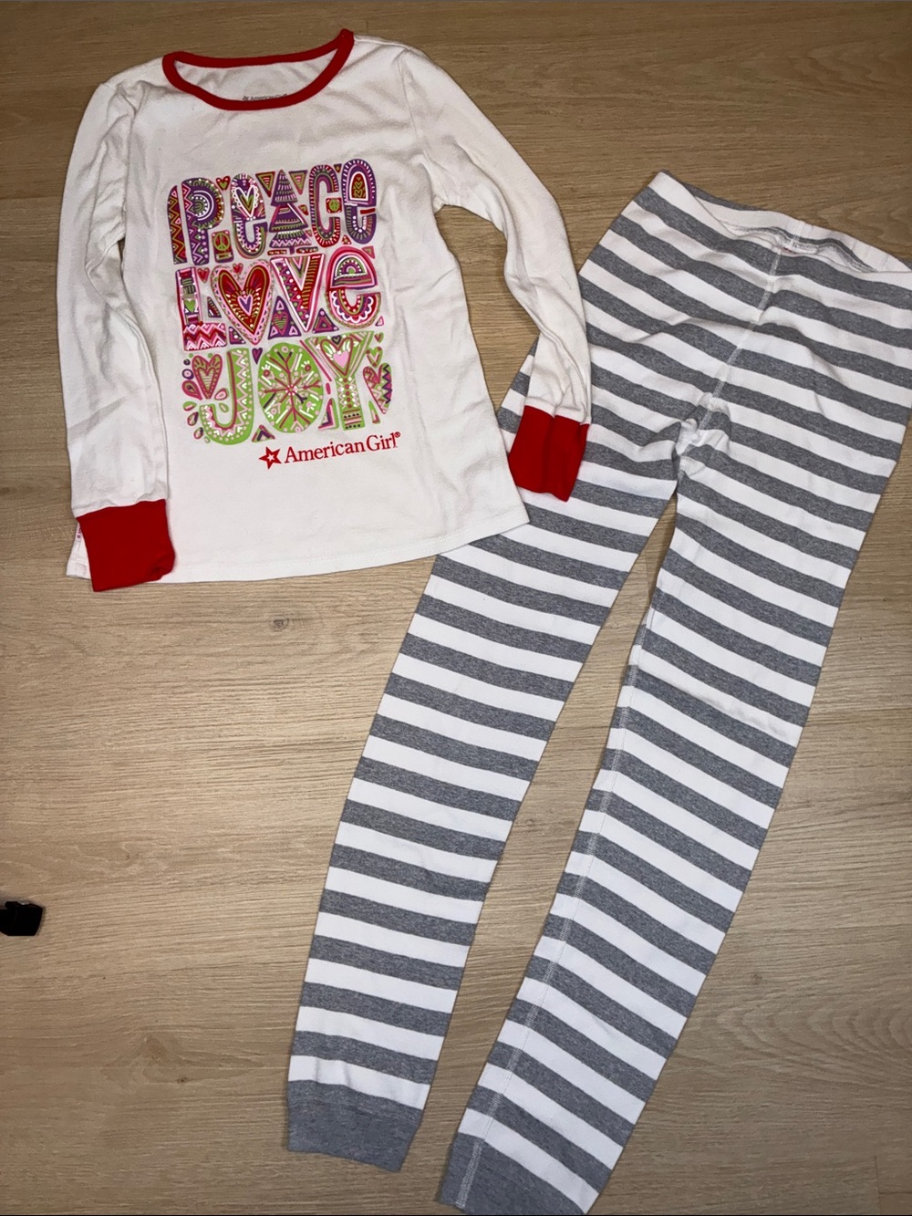 American Girl White Top & Hanna Andersson Gray Striped Pajama Set with Red Trim